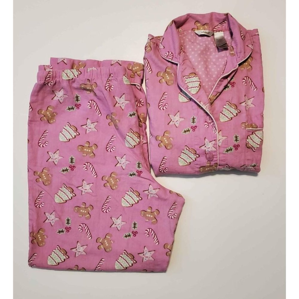 Women's Large Flannel Pajamas Holiday Pink w/Gingerbread & Candy Canes by Adonna